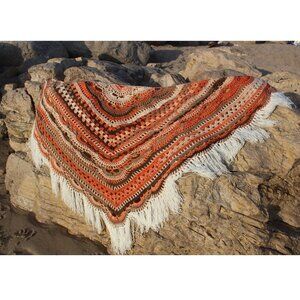 Handmade Oversized Crochet Shawl Wrap with Tassels Malibu Beach Boho Peach
